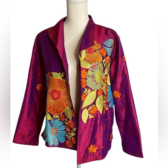 ANU by Natural 100% Silk Sz S Multi Color Floral Boho‎ Jacket Womens Art To Wear - Picture 1 of 5